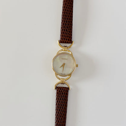 Gucci 1990s Seashell Dial Gold Plated Horsebit Gold Plated Watch