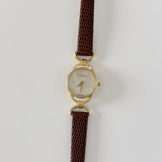 Gucci 1990s Seashell Dial Gold Plated Horsebit Gold Plated Watch