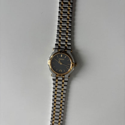 Gucci 1990s Date Black Round Dial Two-Tone Gold-Plated Watch