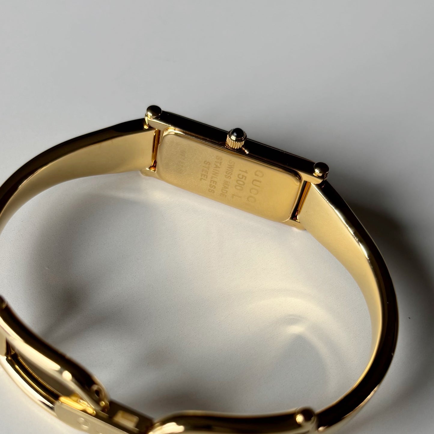 Gucci 1990s Seashell Rectangular Dial Gold Plated Bangle Watch