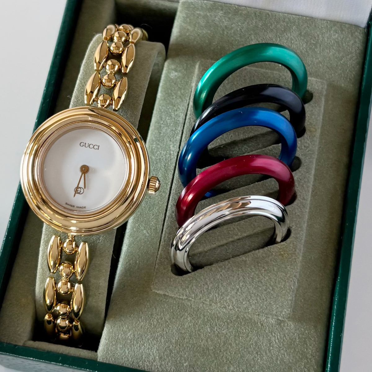 Gucci 1990s Interchangeable Bezel Gold Plated Rice Chain Watch with 6 bezels, case (160mm)