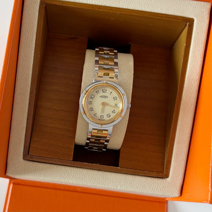 Hermes 1990s Cream Round Dial Gold Plated Two Tone Watch