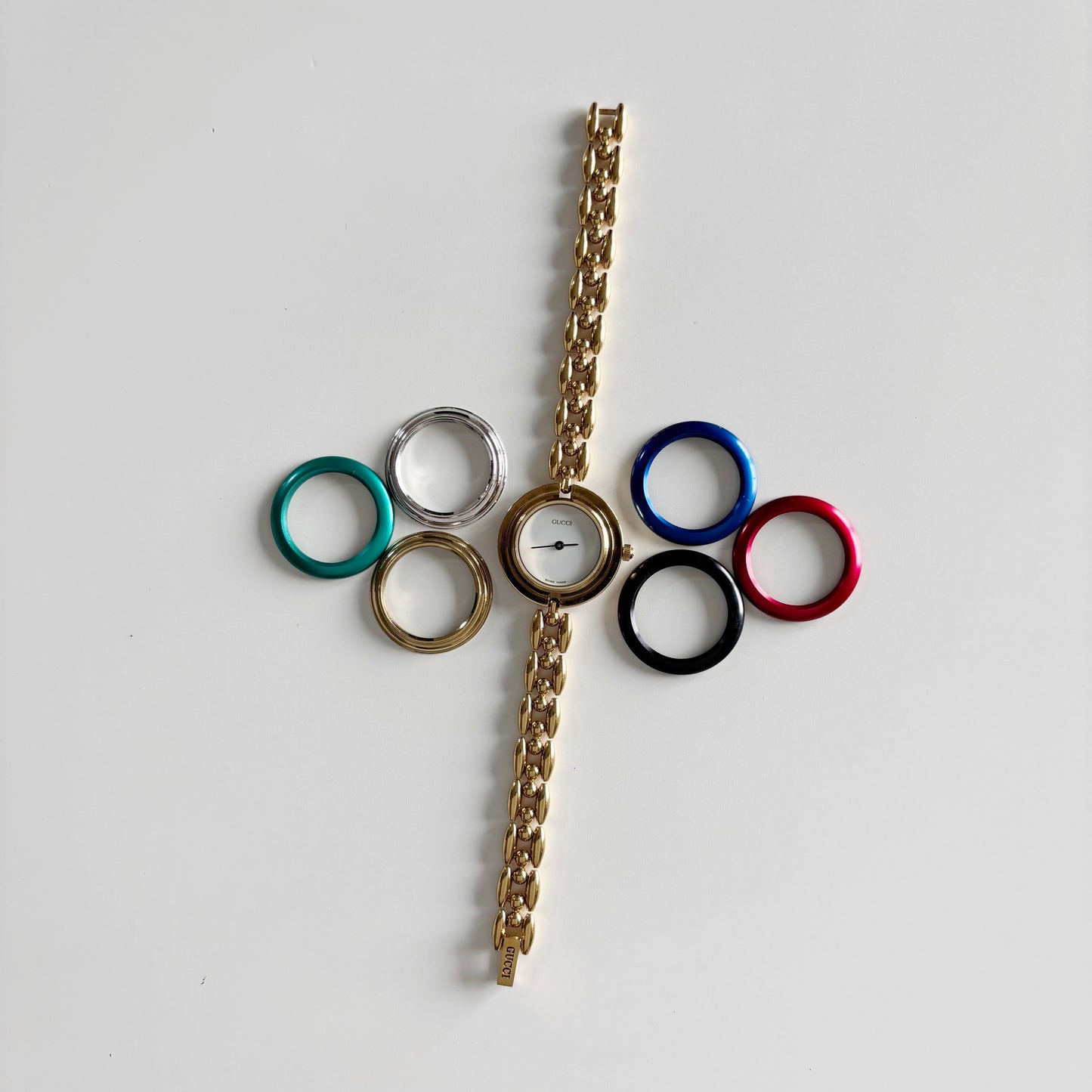 Gucci 1990s Interchangeable Bezel Gold Plated Watch with 6 bezels, case (165mm)