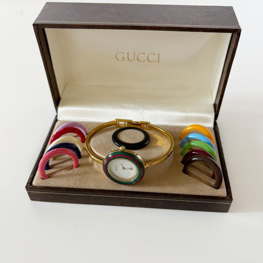 Gucci 1990s Interchangeable Bezel Gold Plated Watch with 12 bezels, case (Small)