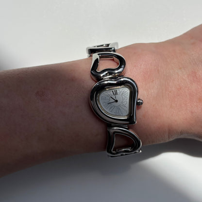 Yves Saint Laurent 1990s Heart Shaped Dial Band Silver Watch
