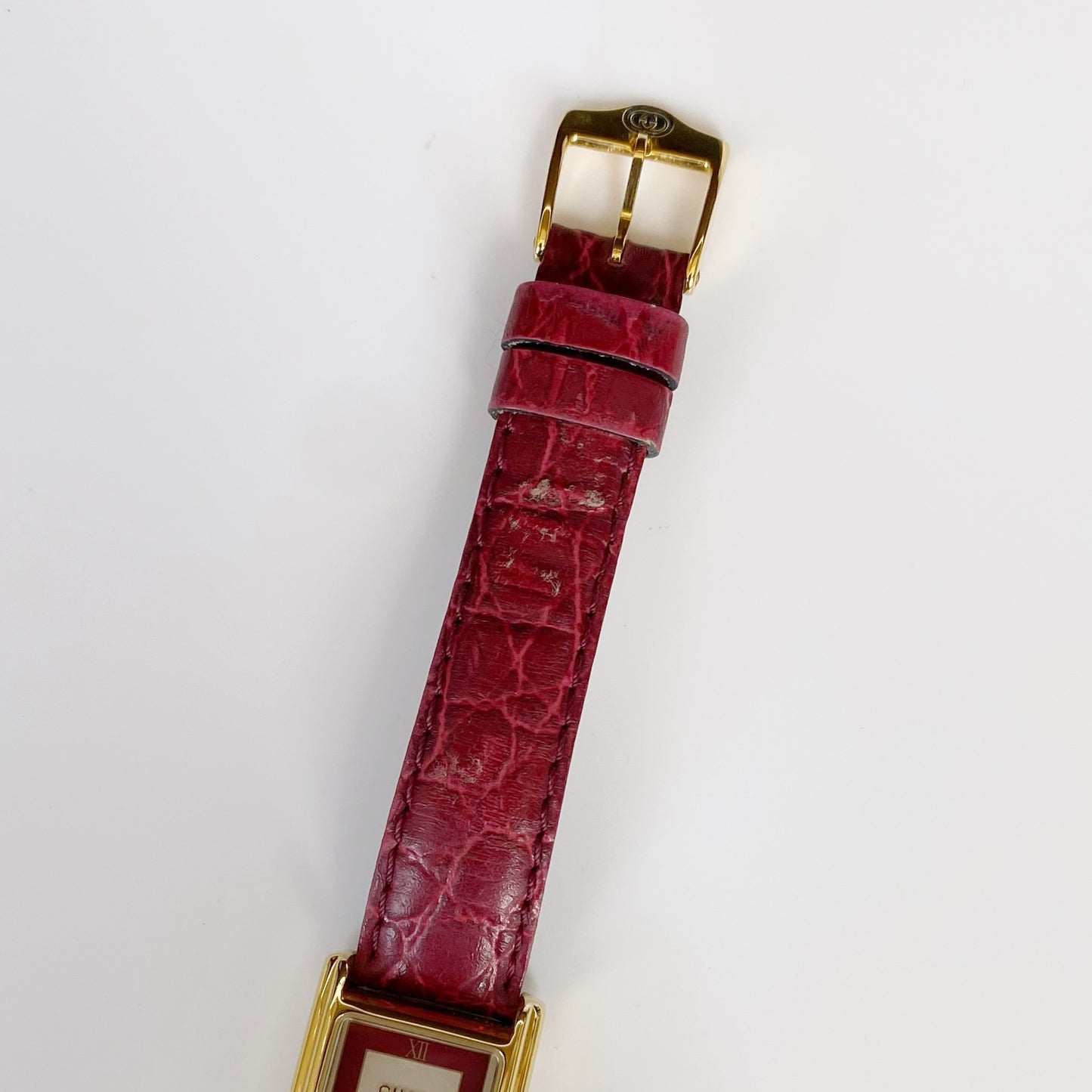 Gucci 1990s Gold Plated Rectangular Red Leather Watch