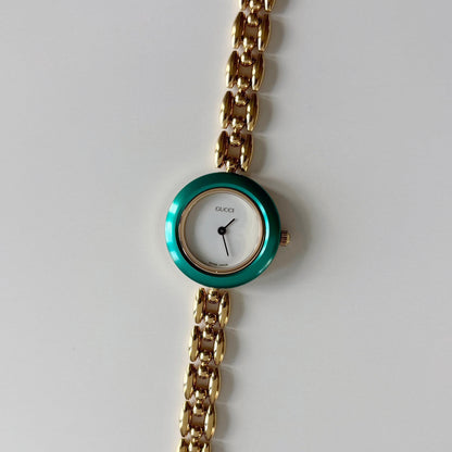 Gucci 1990s Interchangeable Bezel Gold Plated Rice Chain Watch with 6 bezels, case (166mm)