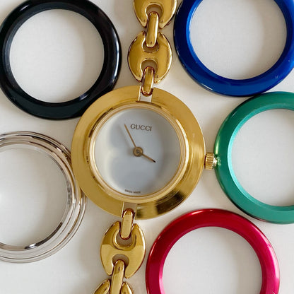 Gucci 1990s Interchangeable Bezel Gold Plated Watch with  6 bezels, case (167mm)