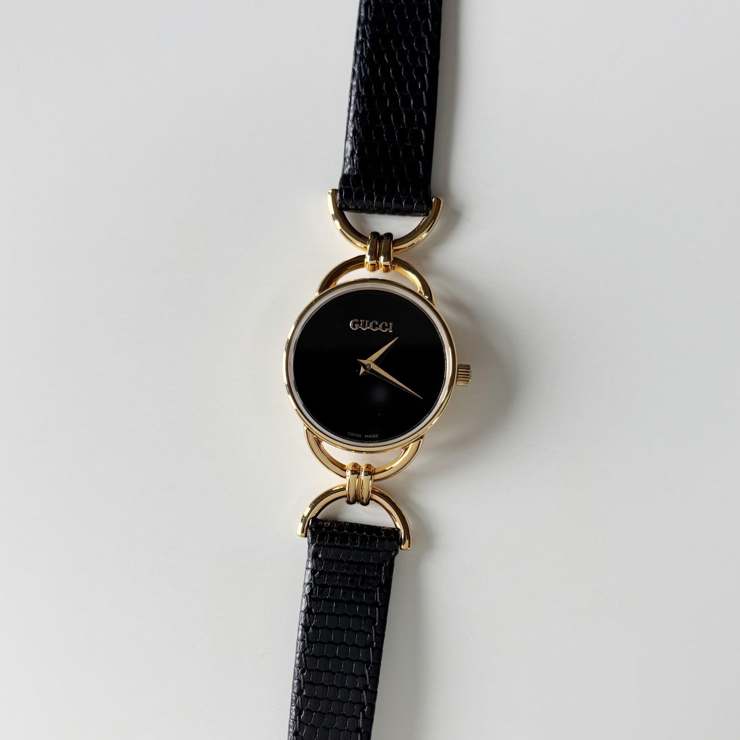 Gucci 1990s Black Dial Horsebit Gold Plated Watch