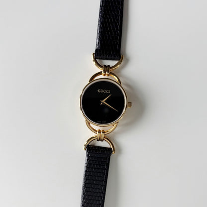Gucci 1990s Black Dial Horsebit Gold Plated Watch