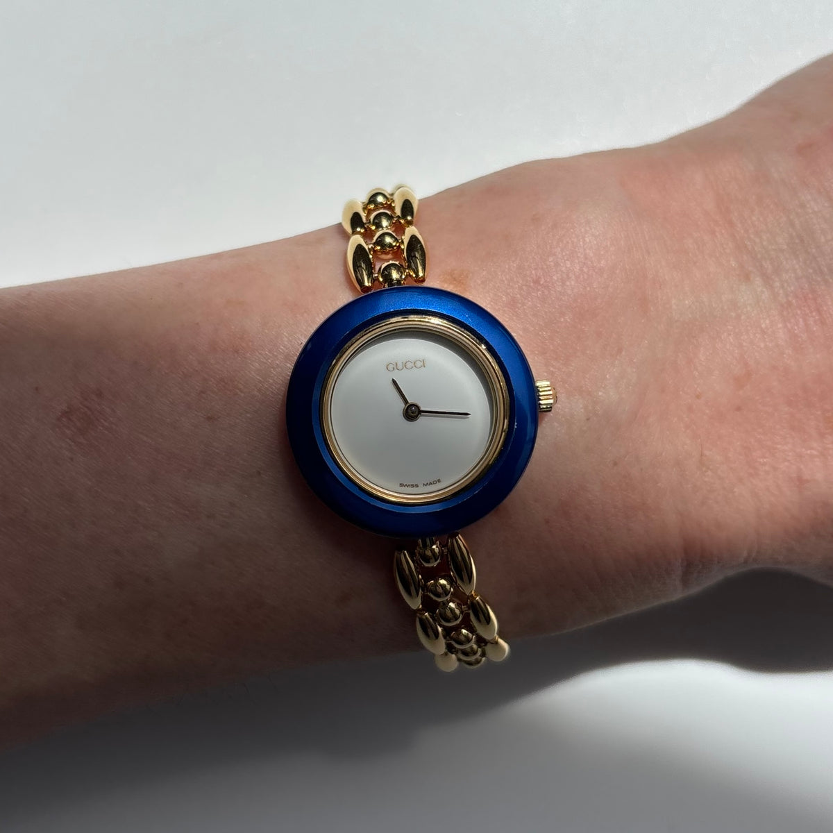 Gucci 1990s Interchangeable Bezel Gold Plated Rice Chain Watch with 6 bezels, case (170mm)