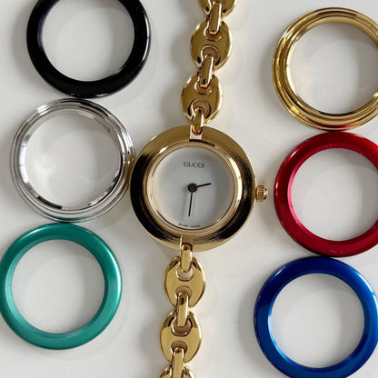 Gucci 1990s Interchangeable Bezel Gold Plated Watch with 6 bezels, case (165mm)