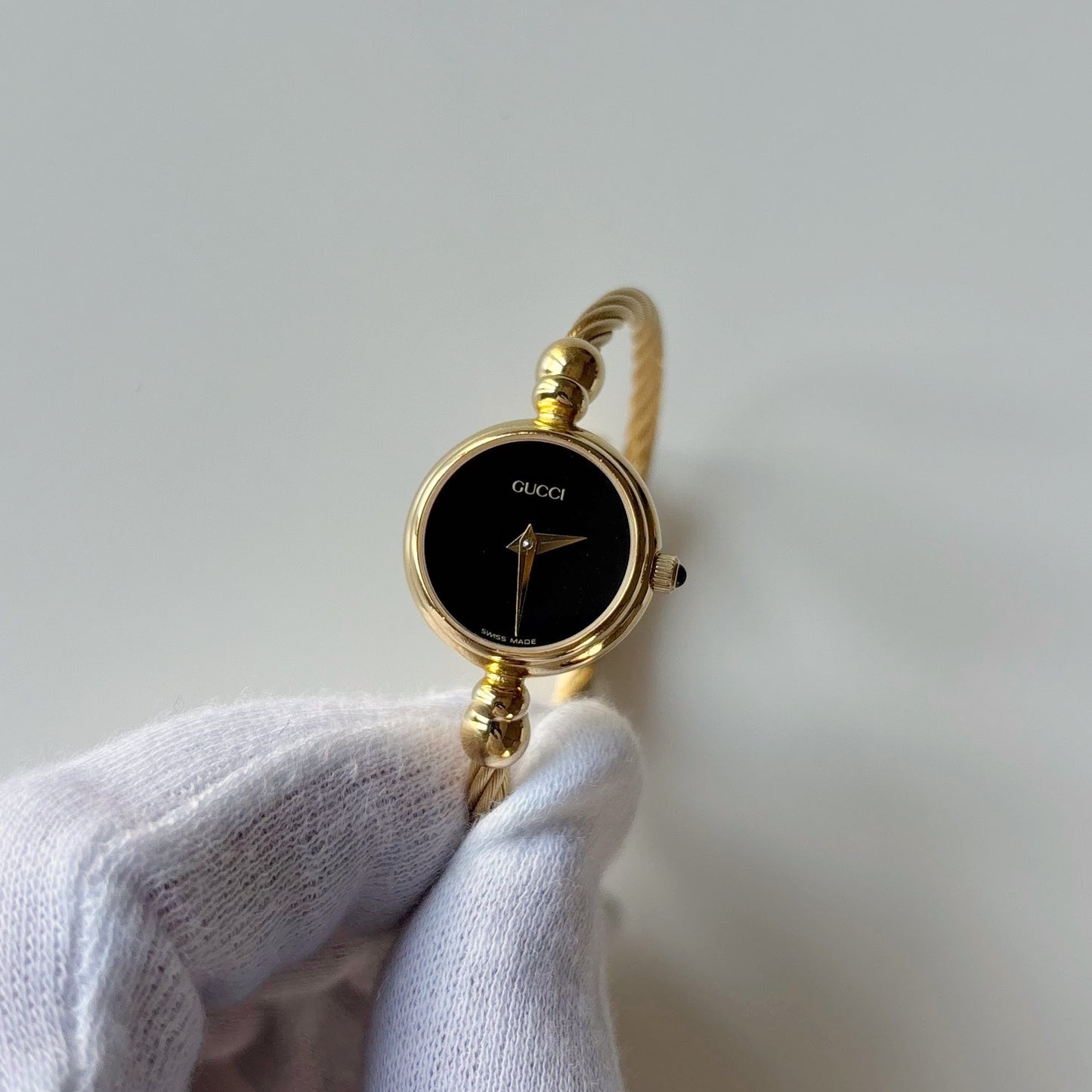 Gucci 1990s Black Dial Gold Plated Cable Bangle Watch