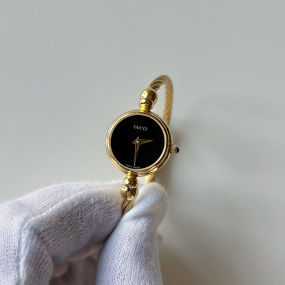 Gucci 1990s Black Dial Gold Plated Cable Bangle Watch