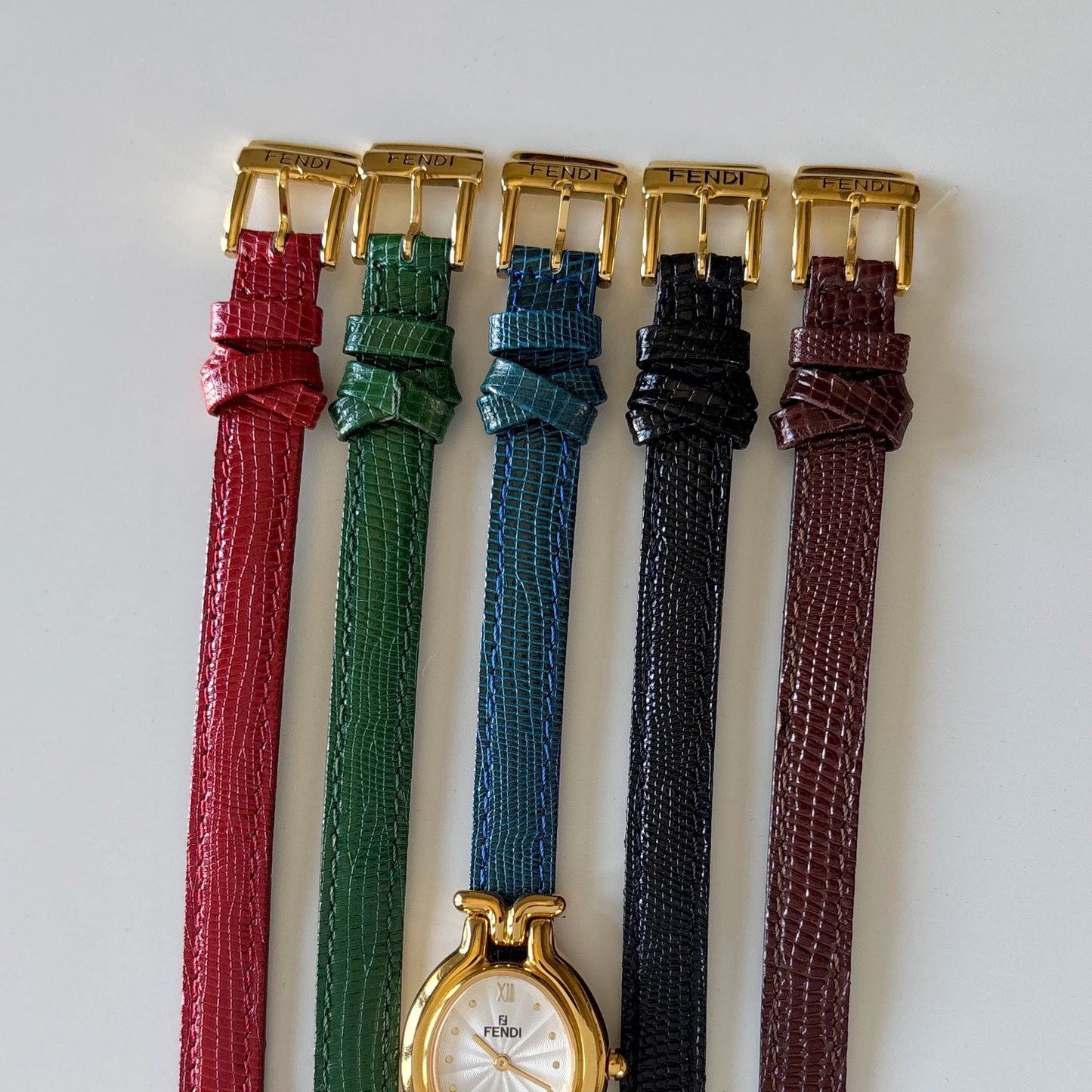 Fendi 1990s Interchangeable Strap Gold Plated Watch with 5 straps, case