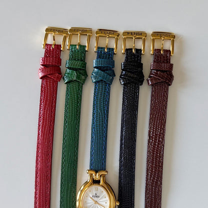 Fendi 1990s Interchangeable Strap Gold Plated Watch with 5 straps, case