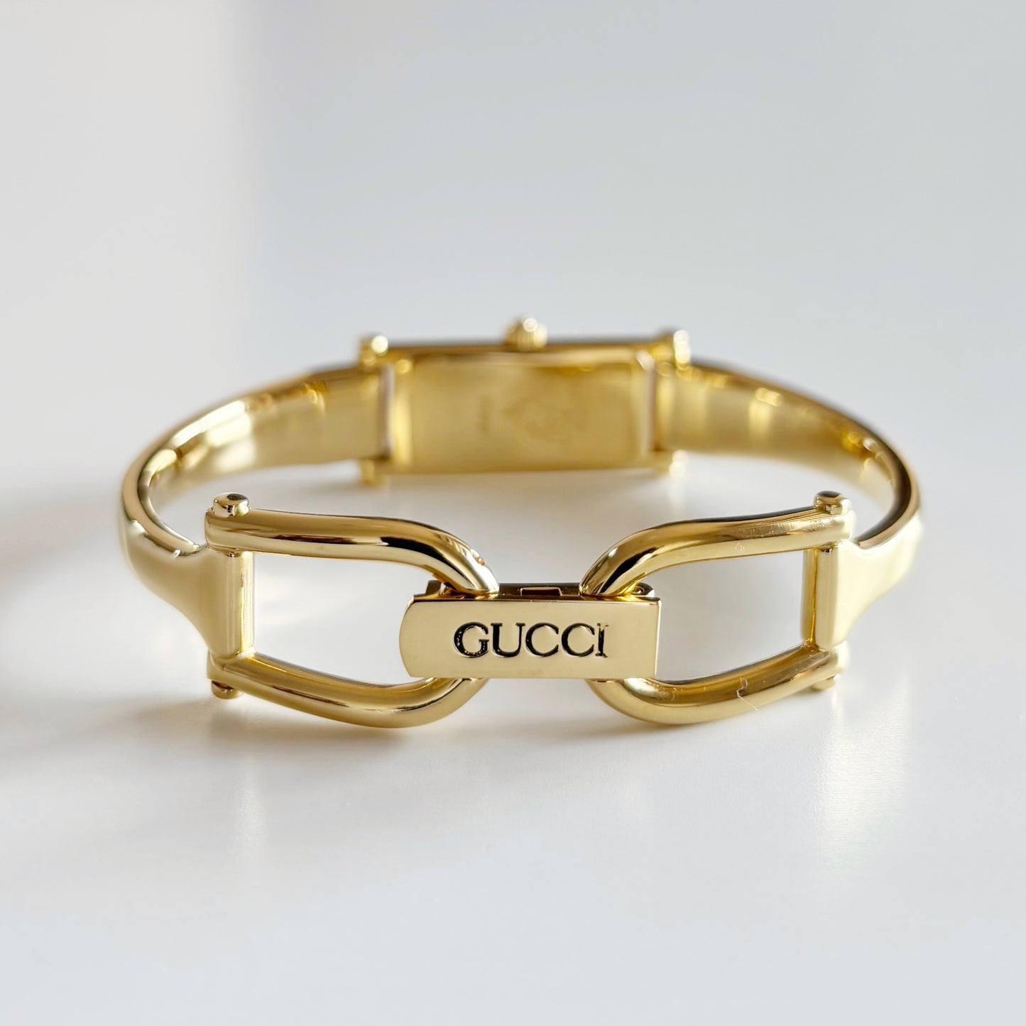 Gucci 1990s Seashell Rectangular Dial Gold Plated Bangle Watch