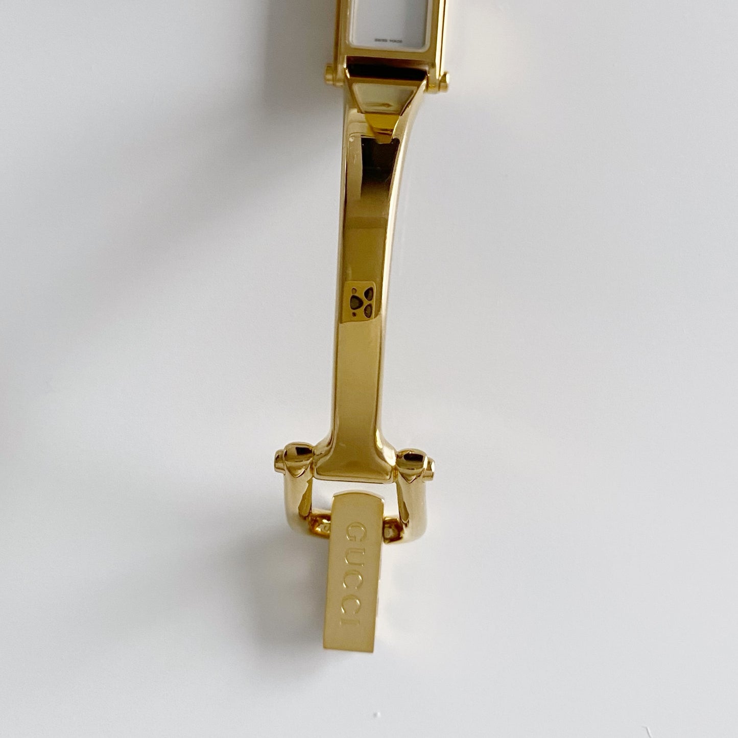 Gucci 1990s Seashell Dial Rectangular Gold Plated Bangle Watch