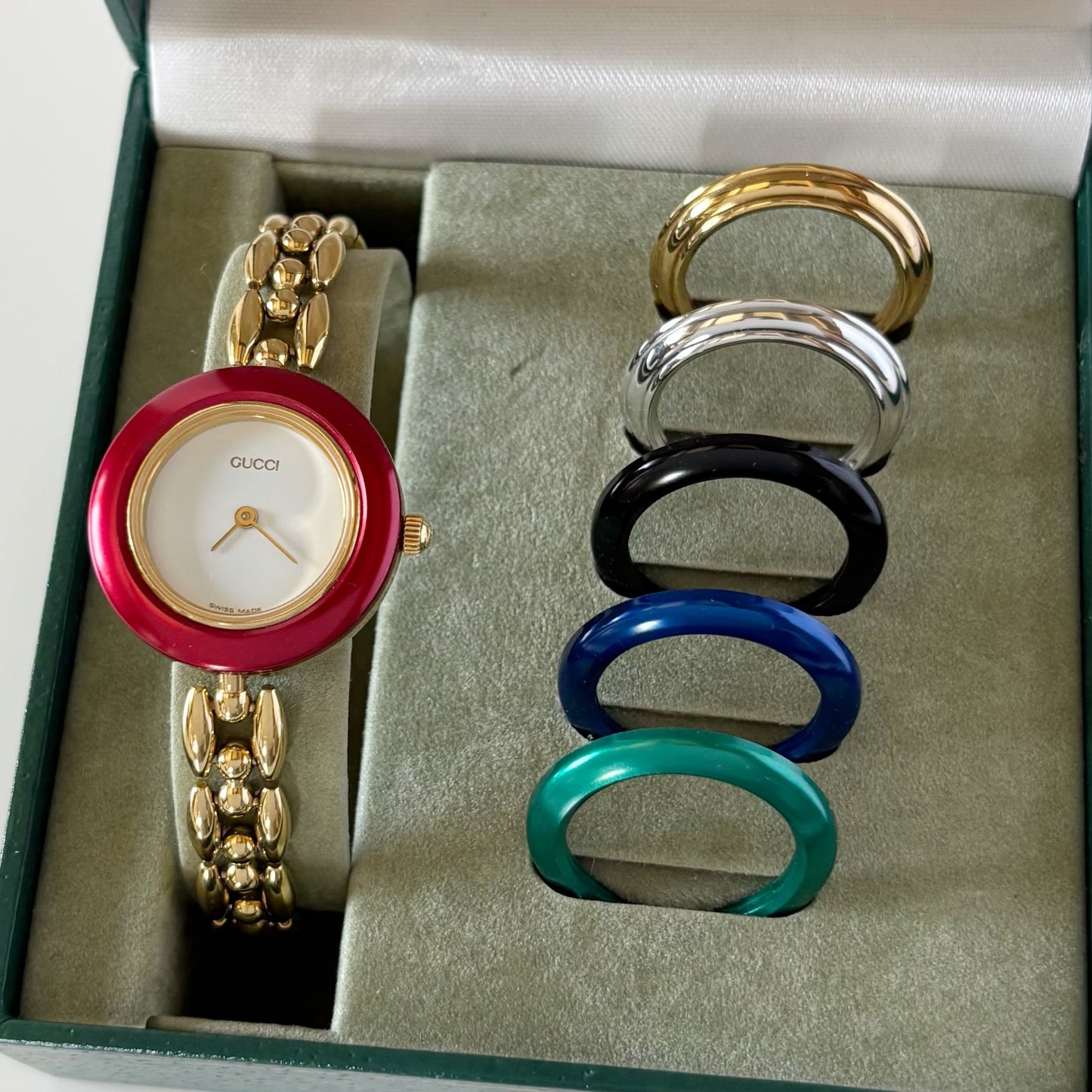 990s Interchangeable Bezel Gold Plated Rice Chain Watch with case, 6 bezels (160mm)
