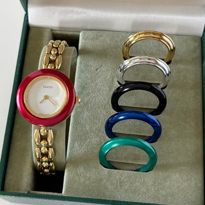 990s Interchangeable Bezel Gold Plated Rice Chain Watch with case, 6 bezels (160mm)