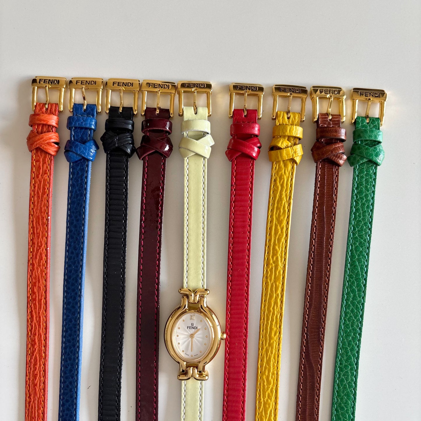 Fendi 1990s Interchangeable Strap Gold Plated Watch with 9 straps, case