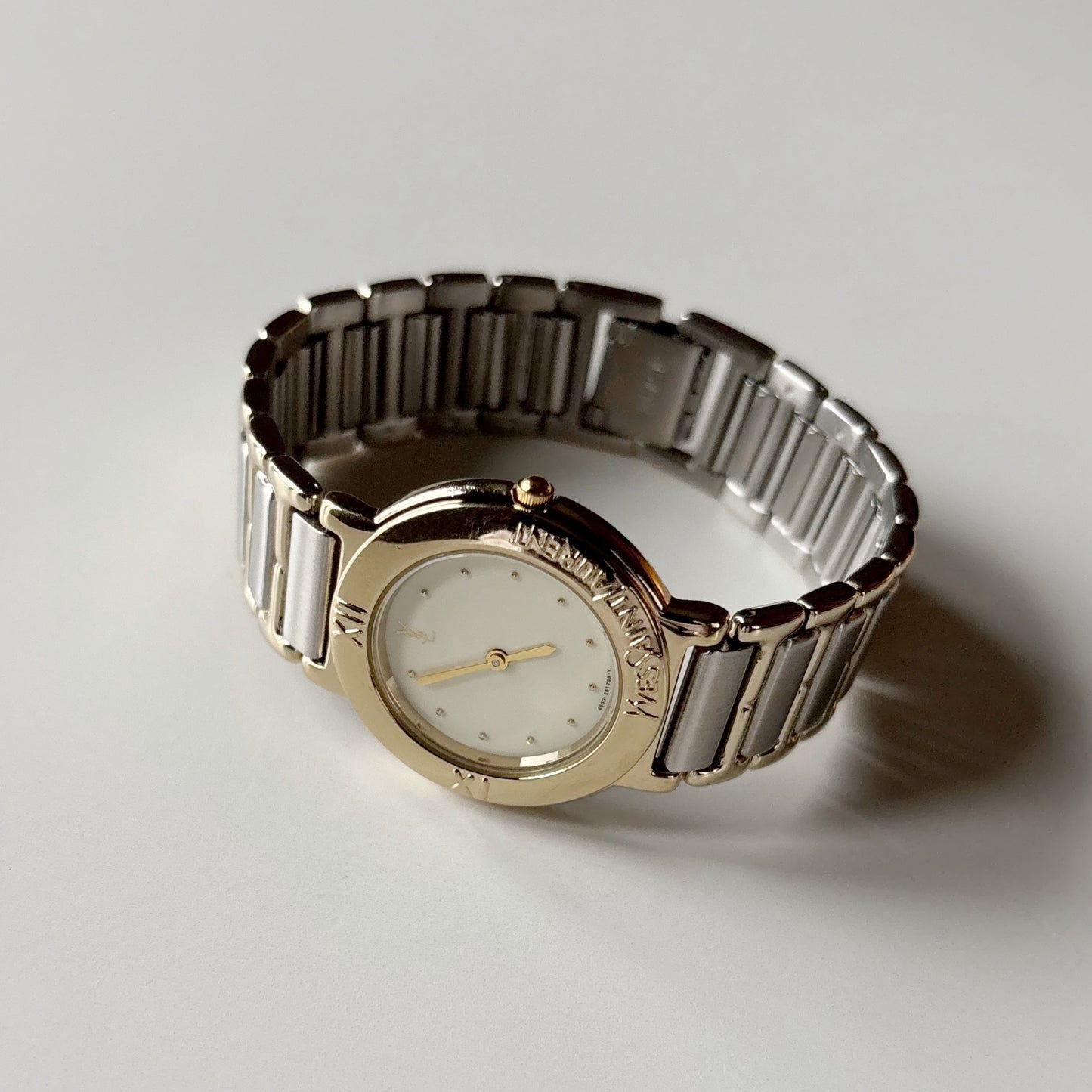 Yves Saint Laurent 1990s Cream Round Dial Two Tone Watch (Large)
