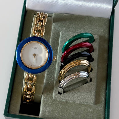 Gucci 1990s Interchangeable Bezel Gold Plated Rice Chain Watch with 6 bezels, case (170mm)
