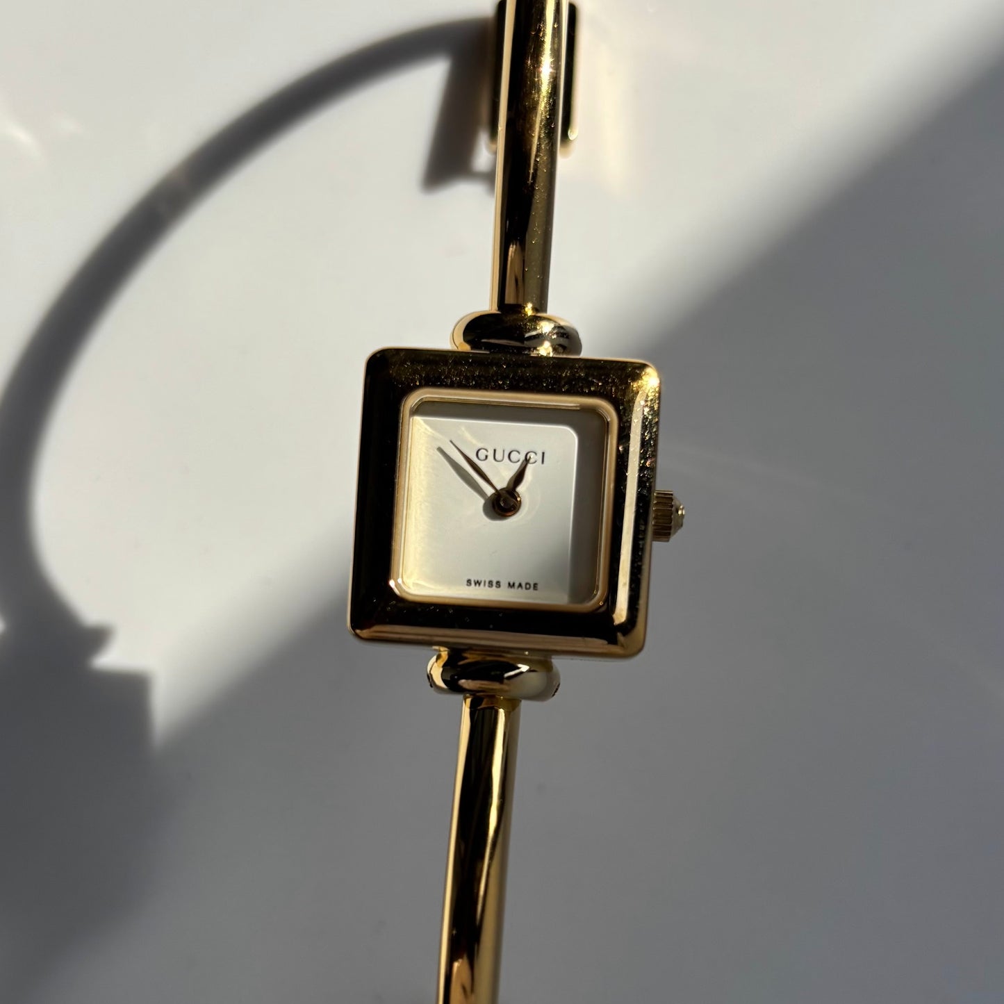Gucci 1990s Square Dial Gold Plated Bangle Watch