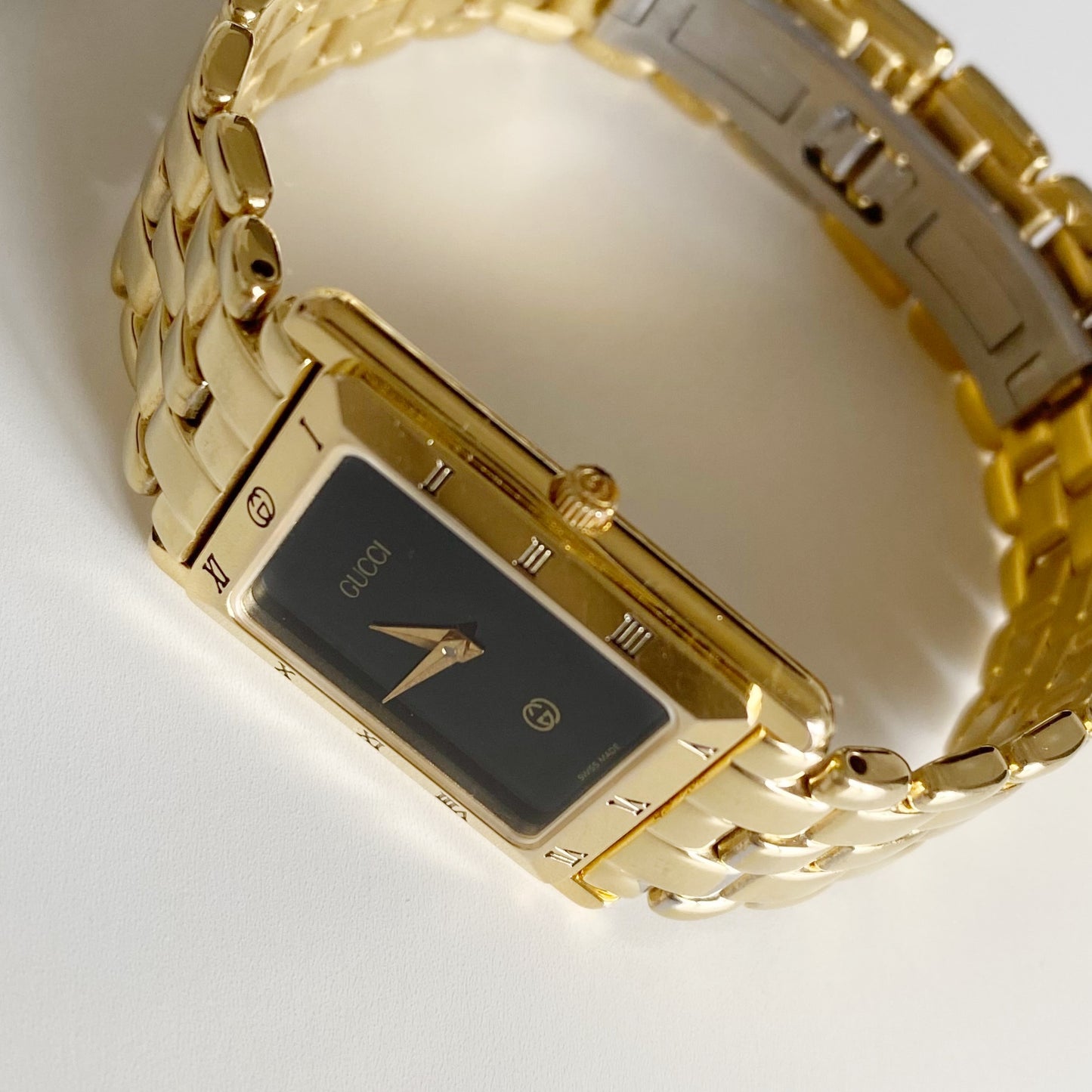 Gucci 1990s Black Dial Tank Gold Plated Watch (Large)