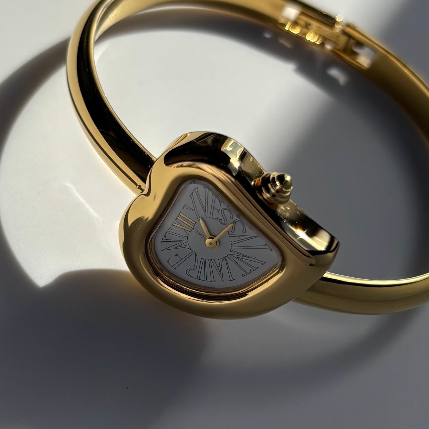 Yves Saint Laurent 1990s Heart Shaped Dial Gold Plated Bangle Watch