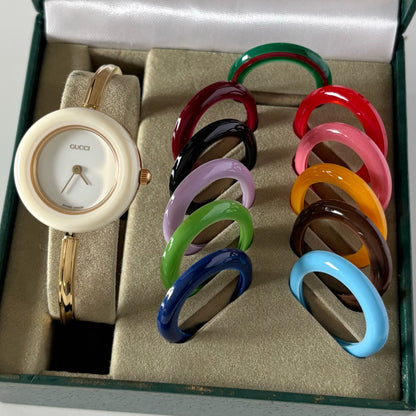 Gucci 1990s Interchangeable Bezel Gold Plated Bangle Watch with 12 bezels, case