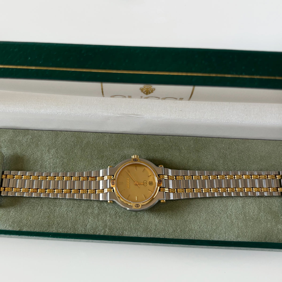 Gucci 1990s Round Dial Gold Plated Two Tone Watch