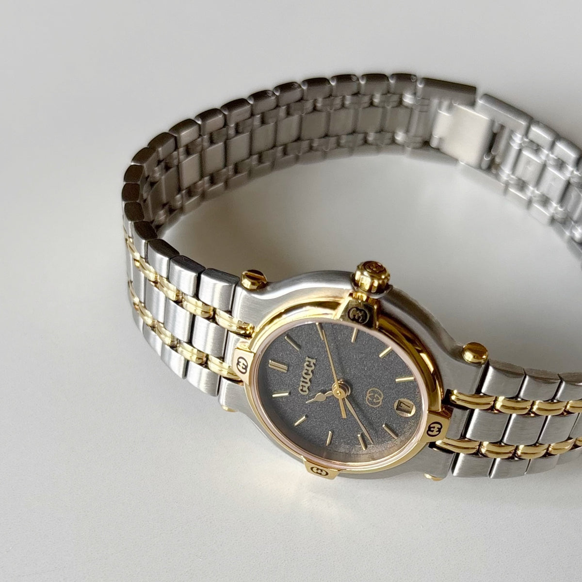 Gucci 1980s Date Round Dial Two Tone Gold Plated Watch