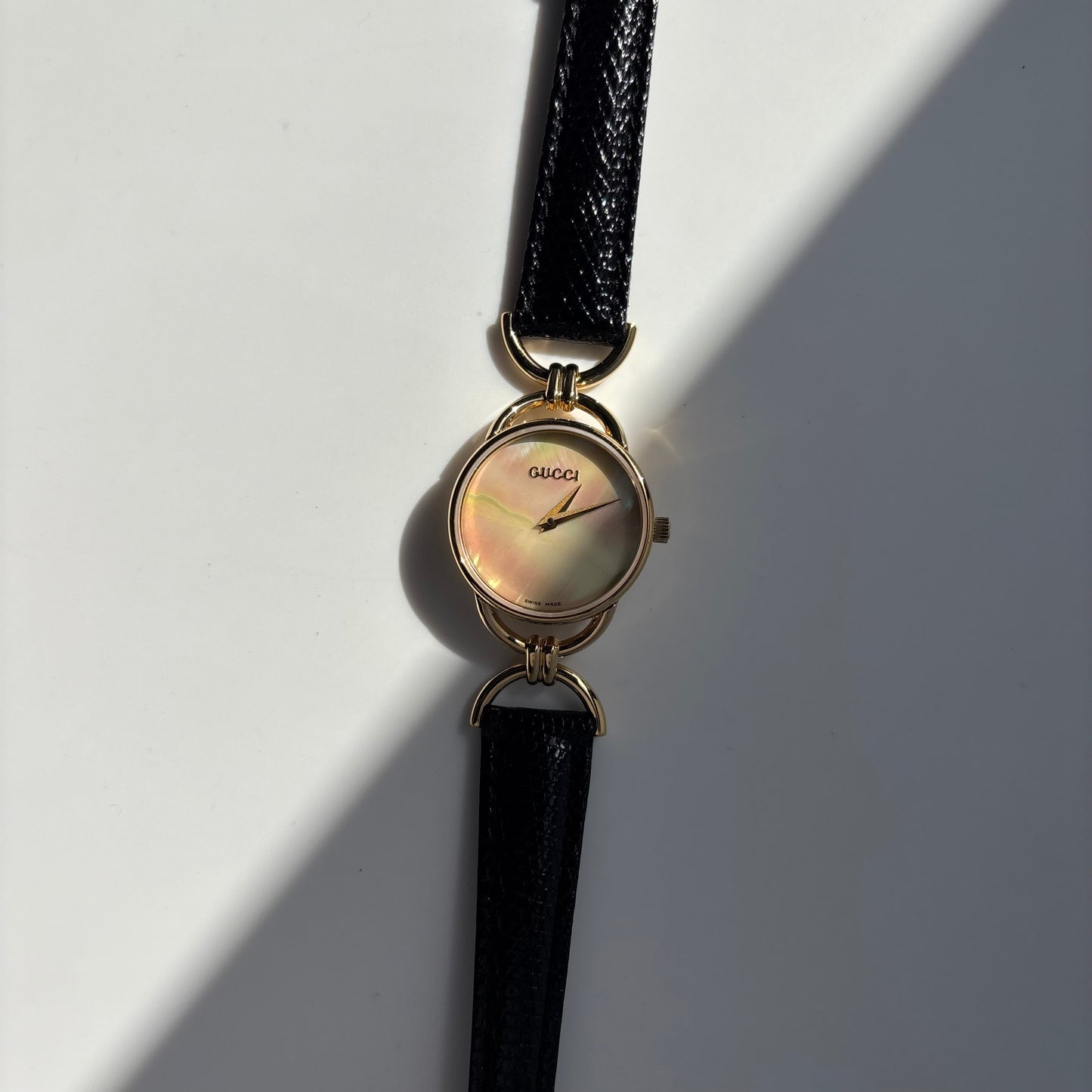 Gucci 1990s Seashell Dial Gold Plated Horsebit Watch