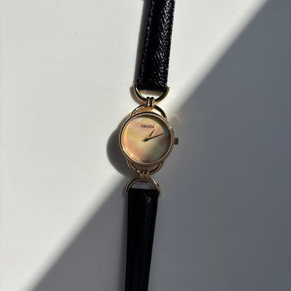 Gucci 1990s Seashell Dial Gold Plated Horsebit Watch