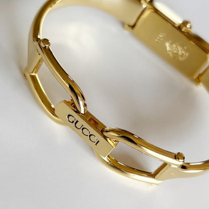 Gucci 1990s Seashell Rectangular Dial Gold Plated Bangle Watch