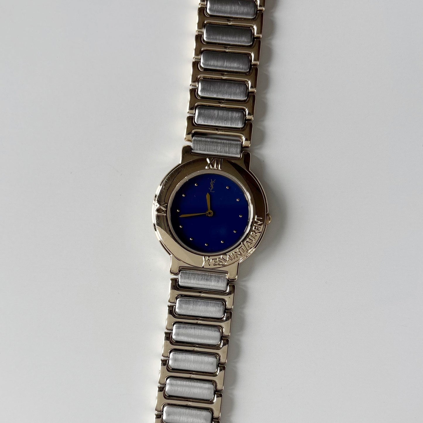 Yves Saint Laurent 1990s Navy Round Dial Two Tone Watch (Large)