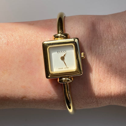 Gucci 1990s Square Dial Gold Plated Bangle Watch