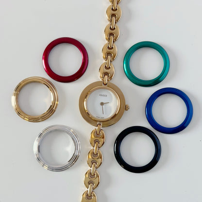 Gucci 1990s Interchangeable Bezel Gold Plated Watch with 6 bezels, case (167mm)