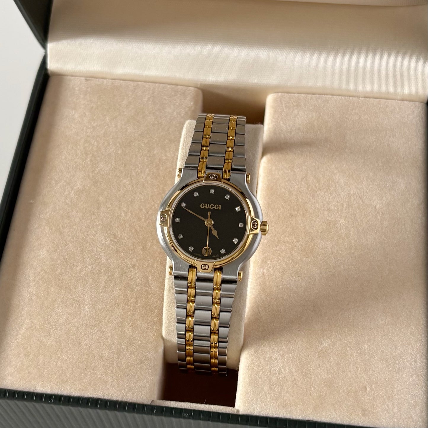 Gucci 1990s Black Dial Gold Plated Two Tone Watch