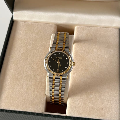 Gucci 1990s Black Dial Gold Plated Two Tone Watch