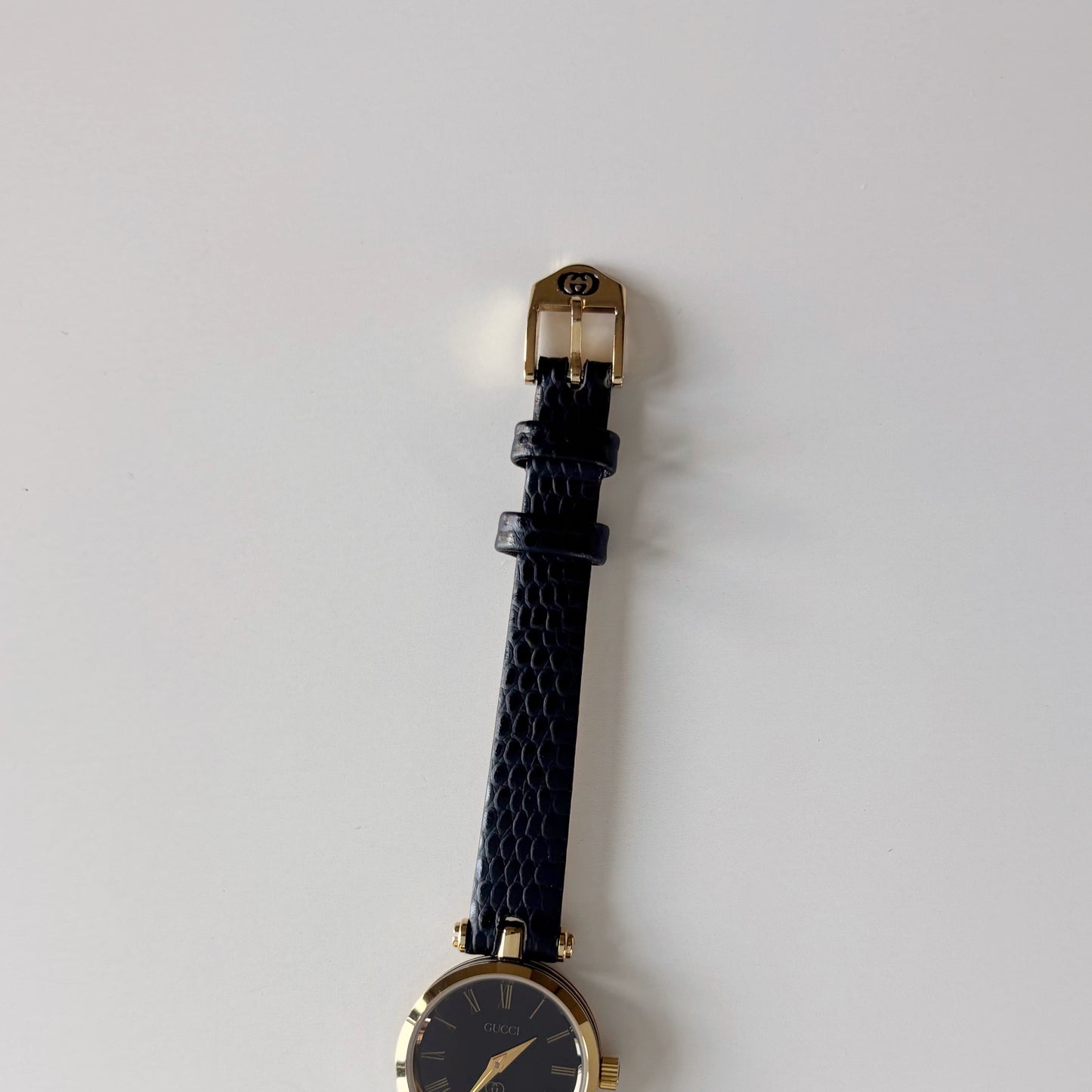 Gucci 1980s Black Round Dial Gold Plated Watch