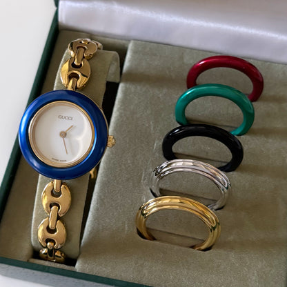 Gucci 1990s Interchangeable Bezel Gold Plated Watch with case, 6 bezels