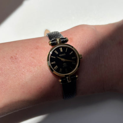 Gucci 1980s Black Round Dial Gold Plated Watch