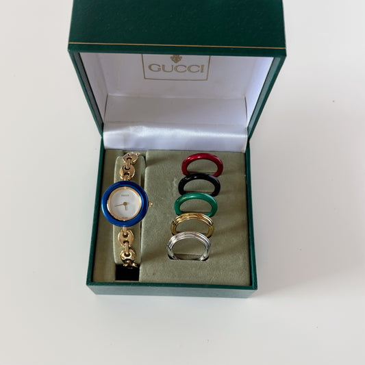 Gucci 1990s Interchangeable Bezel Gold-Plated Watch with Six Bezels and Case (165mm)