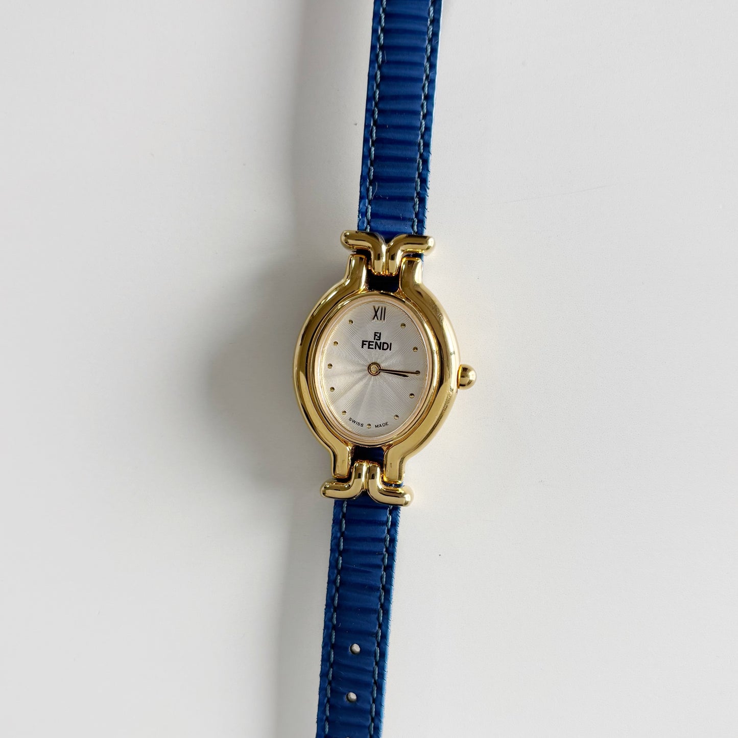 Fendi 1990s Interchangeable Strap Oval Dial Gold Plated Watch with 5 straps, case