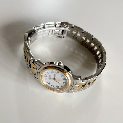 Hermes 1990s Date White Dial Clipper Two Tone Watch