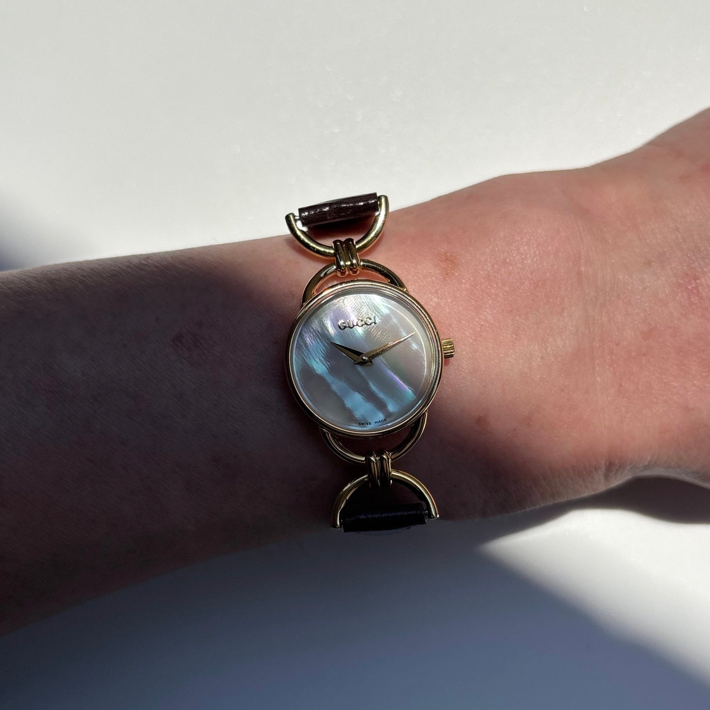 Gucci 1990s Seashell Dial Horsebit Gold Plated Watch
