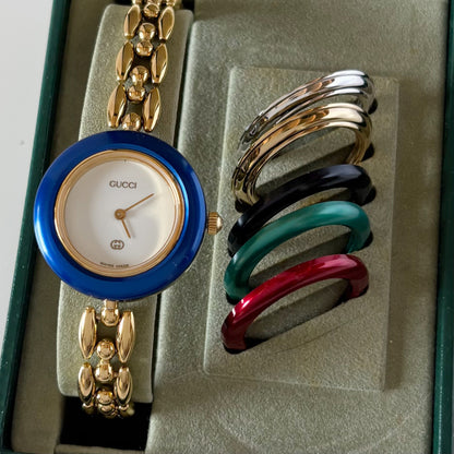 Gucci 1990s Interchangeable Bezel Gold Plated Rice Chain Watch with 6 bezels, case (170mm)