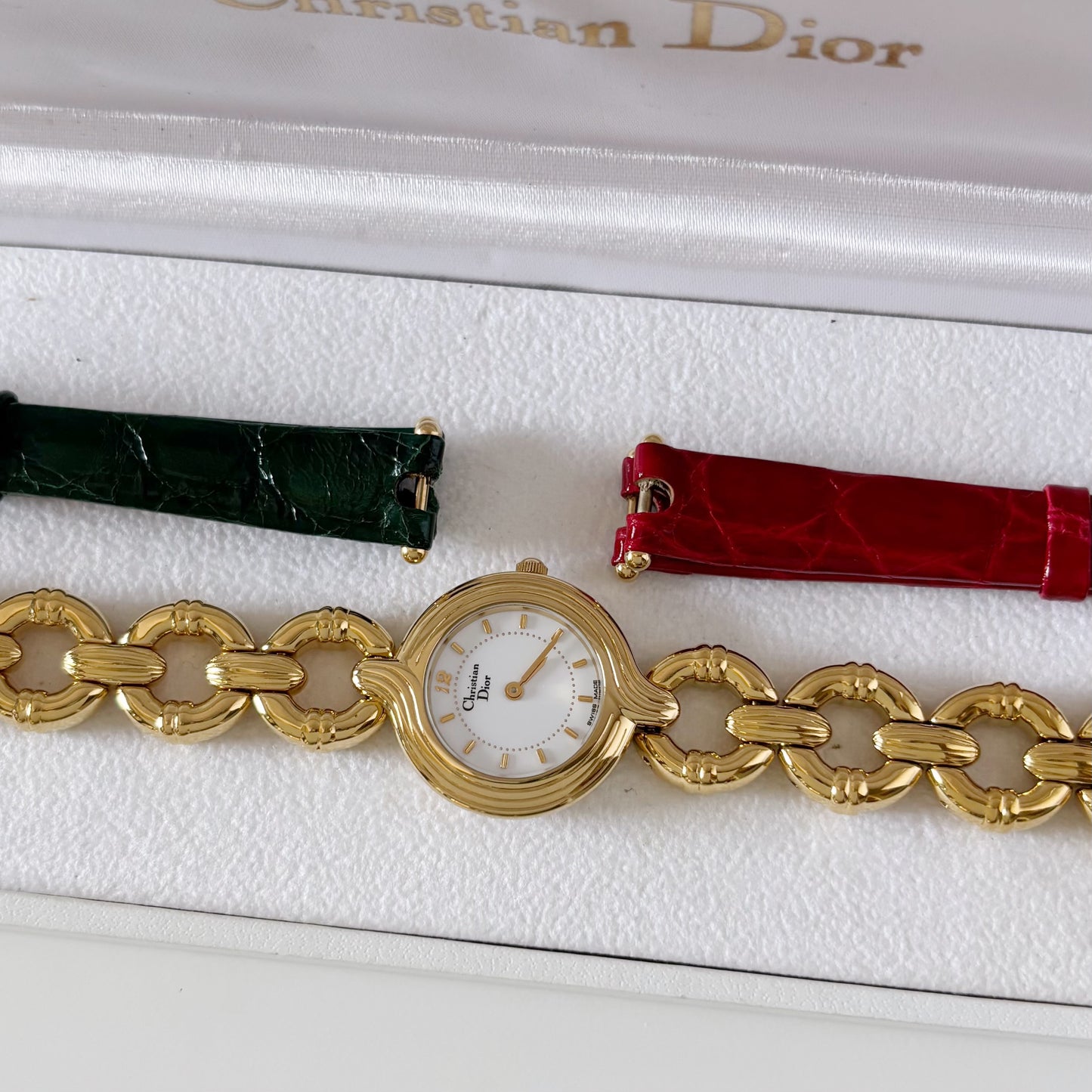 Dior 1990s Round Dial Interchangeable strap Gold Plated Watch with 3 straps, case